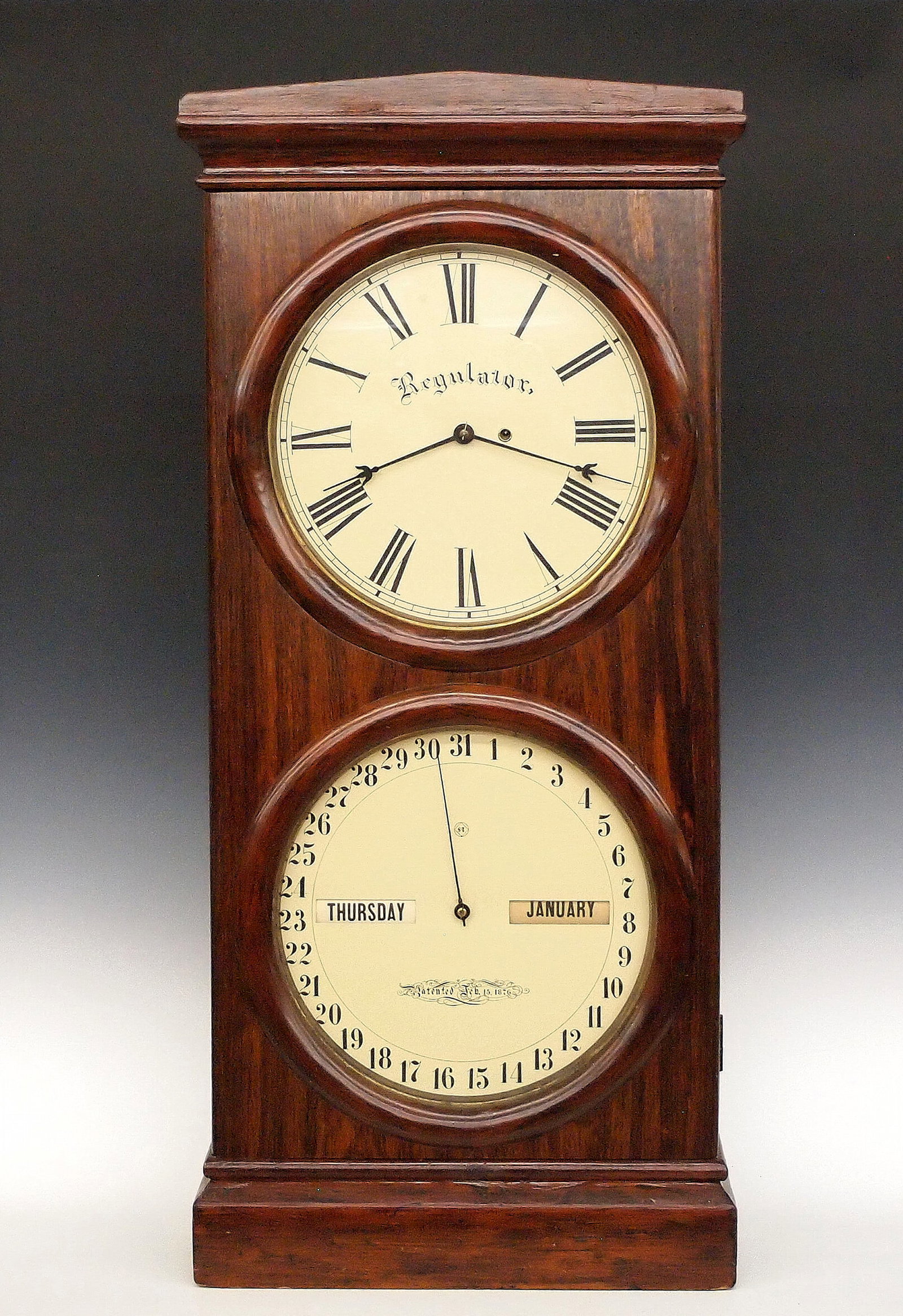 Seth Thomas Office Calendar No. 2 Shelf Clock: A 19th century Seth Thomas Office Calendar No. 2 Model shelf clock. 8-day time and strike movement and lower calendar mechanism with apertures indicating day and month, painted metal dials with Roman/