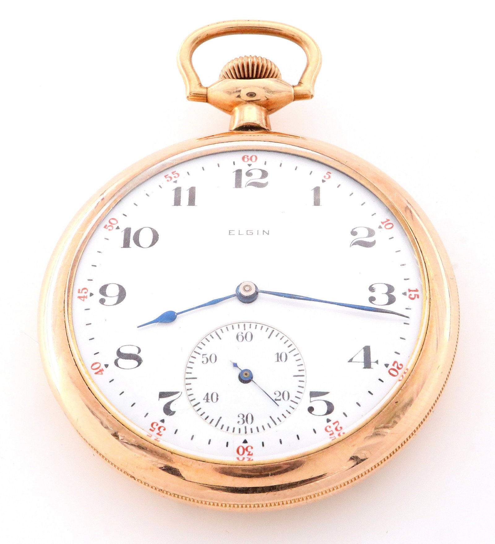 Elgin Pocket Watch: A vintage Elgin pocket watch. 12 size, 15j, DR, DMK, SW, PS, GF, OF with engraved American Flag and Soldiers on rear cover, SSD porcelain dial with Arabic numerals, serial #18714961. Minor case