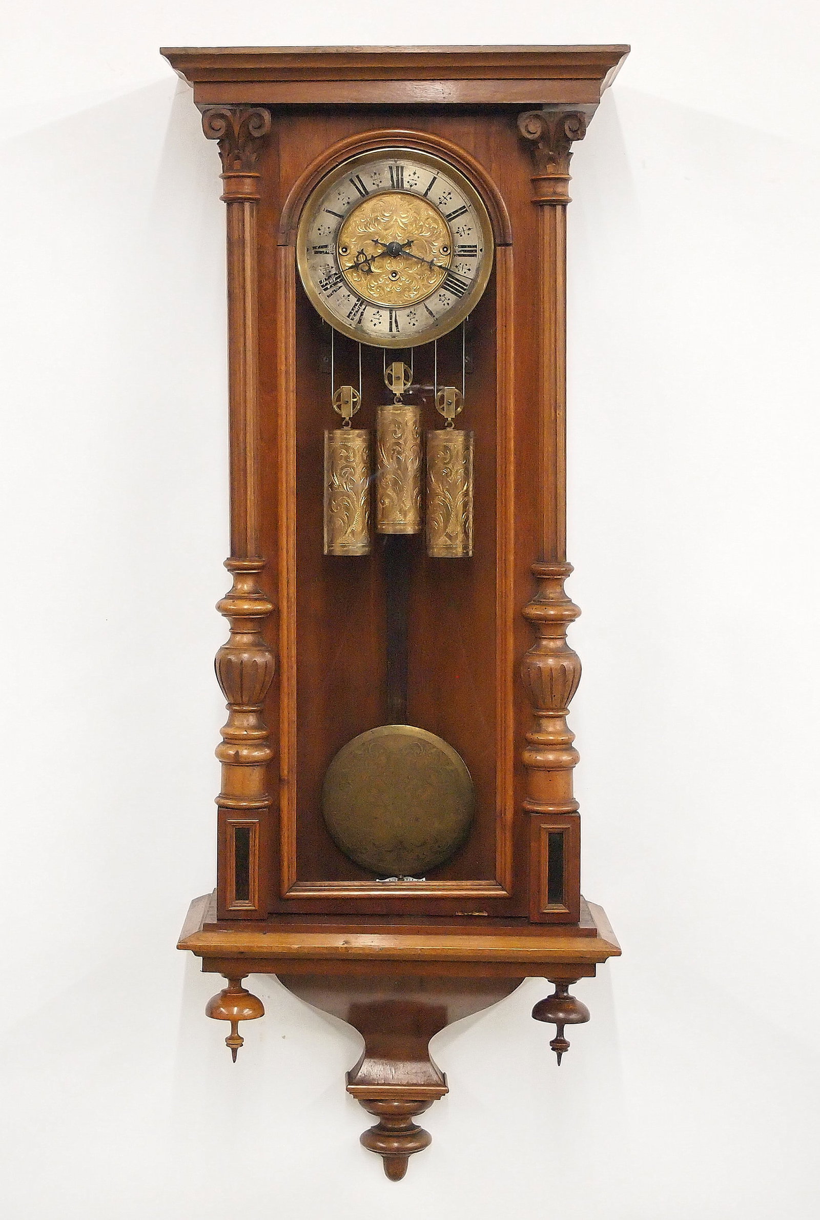 3 Wt Vienna Regulator Wall Clock: A 19th century three weight Vienna Regulator wall clock. 8-day time and strike movement with quarter hour Grand Sonnerie striking and a two-part Brass dial with Roman numerals, within a molded bezel,