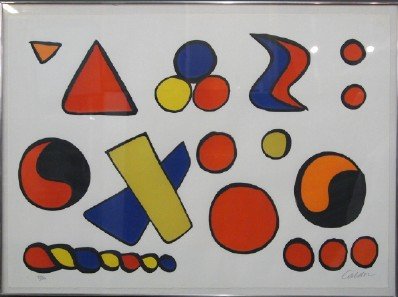 Calder lithograph: Alexander Calder, American, 1891-1976. Lithograph on Rives paper entitled "Alphabet et Saucisson" multi color abstract letters. Signed in pencil "Calder" lower right, and numbered "79/90" lower left.