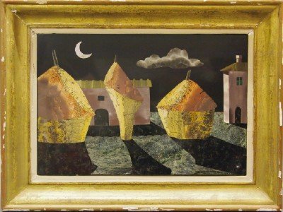 Richard Blow Pietra Dura plaque: A 20th century Richard Blow, Montici Pietra Dura landscape. Depicts two houses and several trees in a night time landscape under a crescent moon. Signed with an "M" lower left, inscribed verso "Montic
