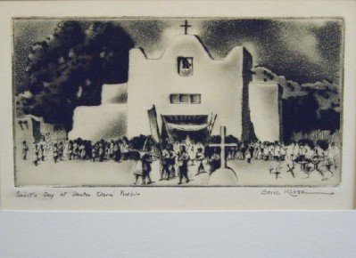Gene Kloss etching: Gene Kloss (Alice Geneva Glaser) American, 1903-1996. Drypoint etching entitled "Saints Day at Santa Clara Pueblo". Signed in pencil "Gene Kloss" lower right and titled lower left. Slight toning. Imag