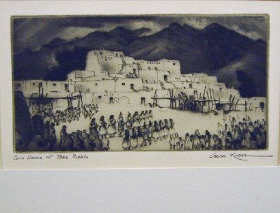 Gene Kloss etching: Gene Kloss (Alice Geneva Glaser) American, 1903-1996. Drypoint etching entitled "Corn Dance at Taos Pueblo". Signed in pencil "Gene Kloss" lower right and titled lower left. Slight toning. Image 5 1/4