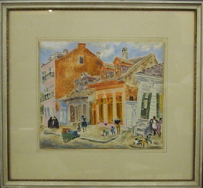 Eugenie Gershoy Watercolor: Eugenie Gershoy, Russian/American, 1901-1986. A 1942 watercolor with Gouache on paper, depicts a colorful New Orleans street scene with two nuns walking along a residential street with women and child