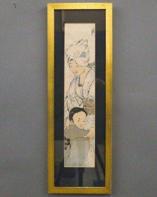 H Hyde woodblock: Helen Hyde, American, 1868-1919. A woodblock print on paper entitled "Mother and Child" depicting a Japanese mother and her young son in traditional dress. Signed in monogram upper right. Toning and m