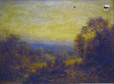 D Griffin landscape: DeLacey Griffin, American, 19th century. Oil on canvas landscape entitled "Sunset, Rampano Valley" depicts an autumn view of the valley through a wooded vista. Signed "DeLacey Griffin" lower right, fu