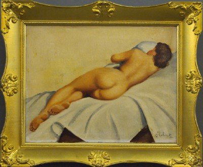 A Robert Nude: A. Robert, n.d. A 1930s vintage oil on canvas Nude woman. Signed "A. Robert" lower right, with an old Paris Gallery label verso. Small repair with inpainting left canter. Image 13 1/2 x 10", framed 17