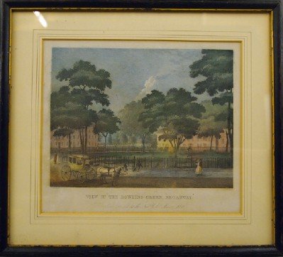 19th c Lithograph: A 19th century Hand colored lithograph entitled "View of the Bowling Green, Broadway (New York)". Engraved for the New York Mirror, 1830. Some toning. Image 8 1/2 x 6 1/2", framed 13 x 11 3/4" overall
