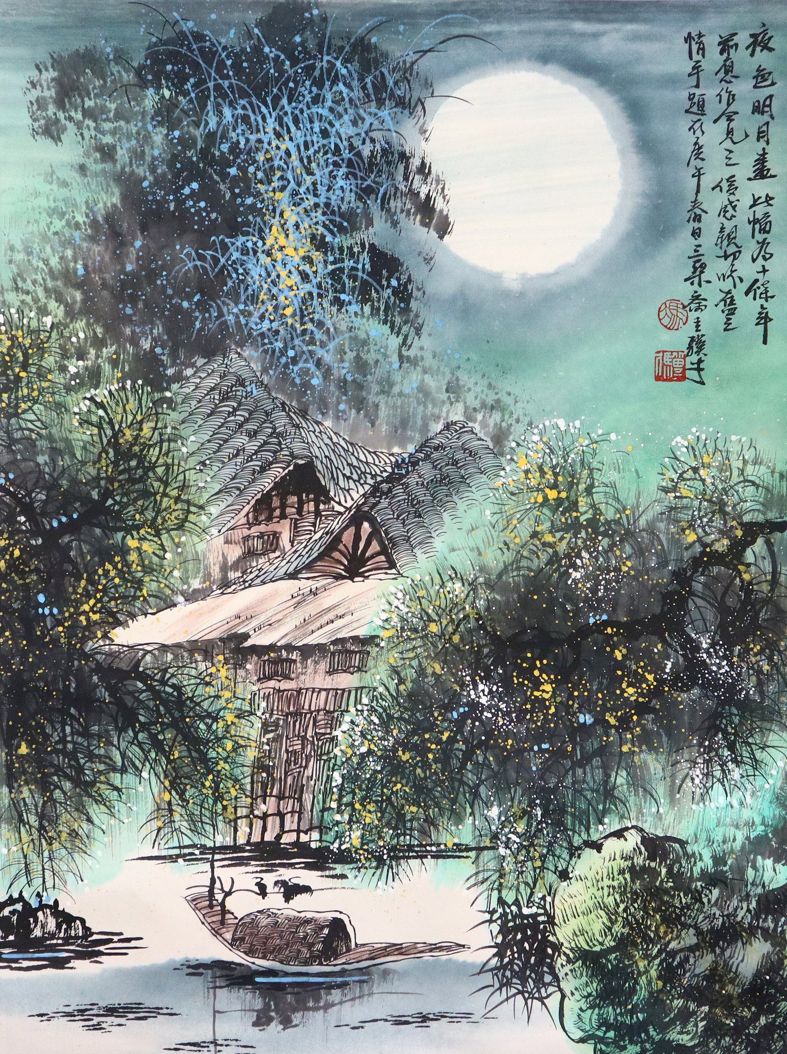 Chinese Scroll, Mark of Feng Jicai: Mark of Feng Jicai, Chinese, b. 1942. An ink and color on paper hanging scroll depicting a landscape with riverside home surrounded by foliage set under a full moon. Calligraphy with artist seal upper