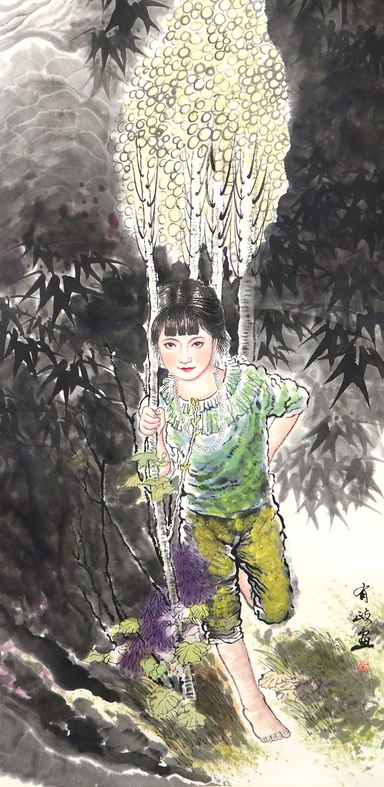 Chinese Scroll, Mark of Youzheng Wang: Mark of Youzheng Wang, Chinese, b. 1941. An ink and color on paper hanging scroll depicting a girl wearing green clothing leaning against a tree surrounded by foliage. Calligraphy with artist seal low