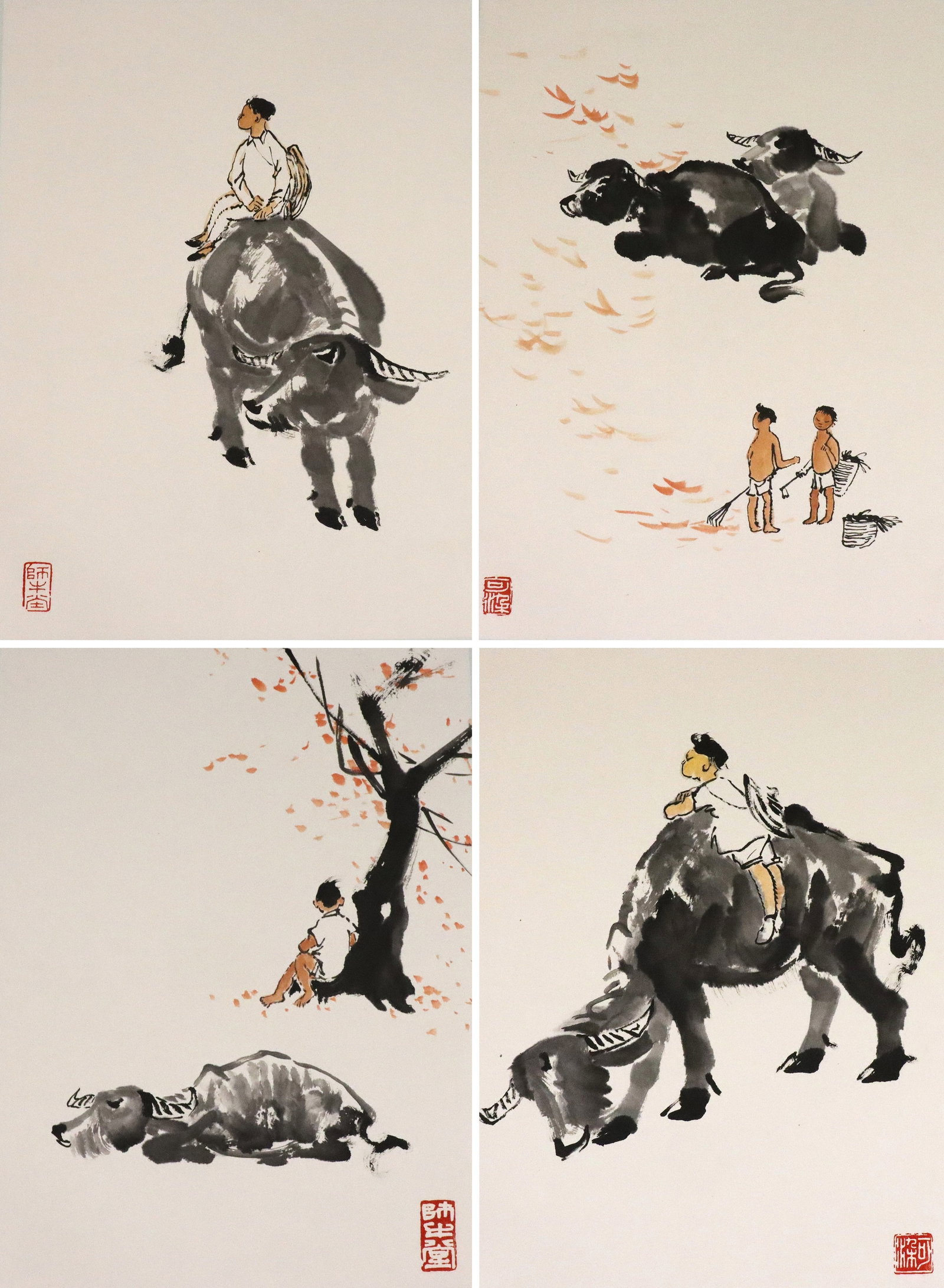 Chinese Album, Mark of Li Keran: Mark of Li Keran, Chinese, 1907-1989. An orihon style album containing eight ink and color on paper paintings depicting figures with water buffalos. Mounted on silk pages, accordion bound in silk cove