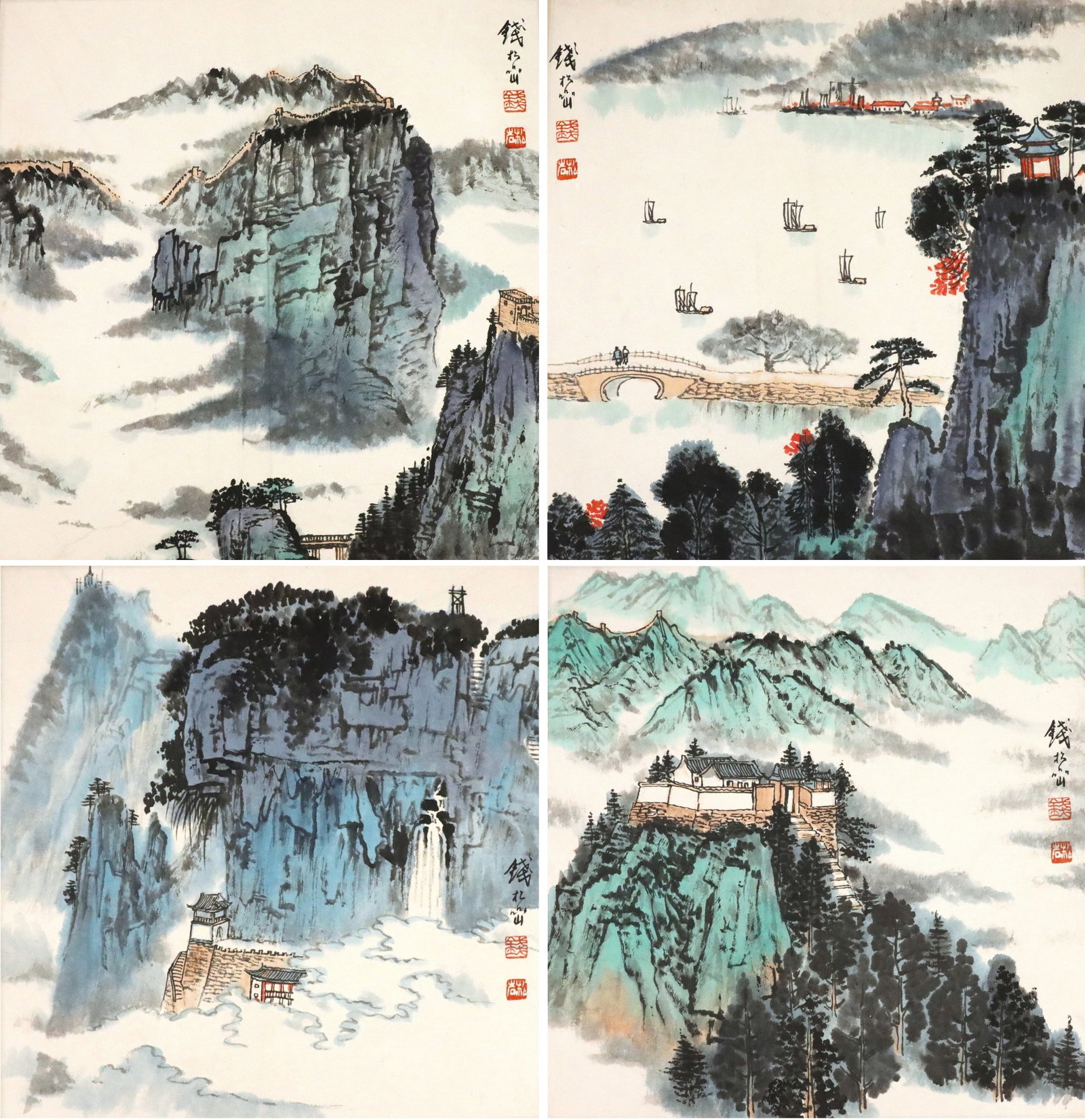 Chinese Album, Mark of Qian Songyan: Qian Songyan, Chinese, 1899-1985. An orihon style album containing eight ink and color on paper paintings depicting mountainous landscapes with figures and houses. Mounted on silk pages, accordion bou