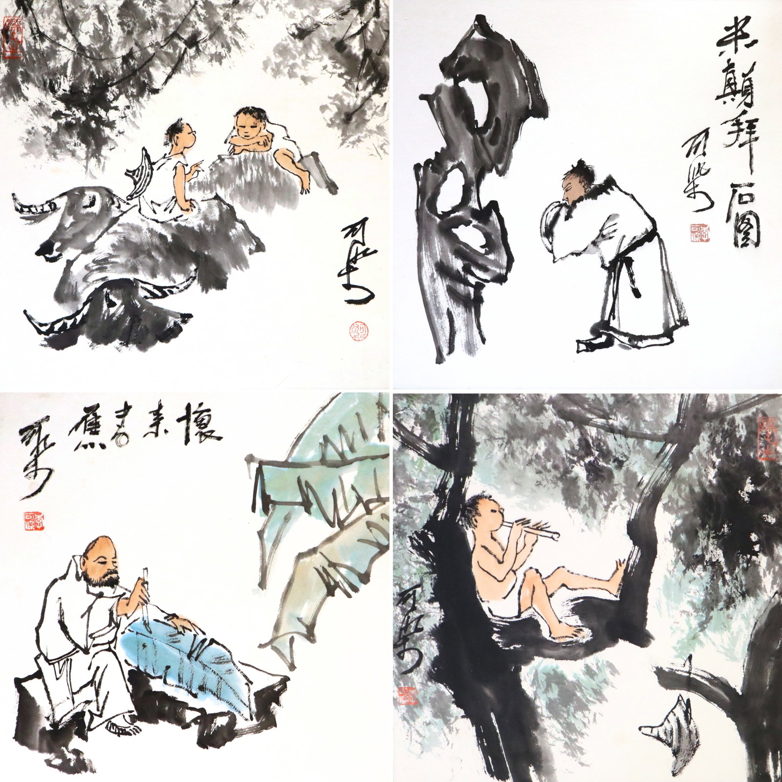 Chinese Album, Mark of Li Keran: Mark of Li Keran, Chinese, 1907-1989. An orihon style album containing eight ink and color on paper paintings, seven pictorial depicting various figures and one calligraphy. Mounted on silk pages, acc