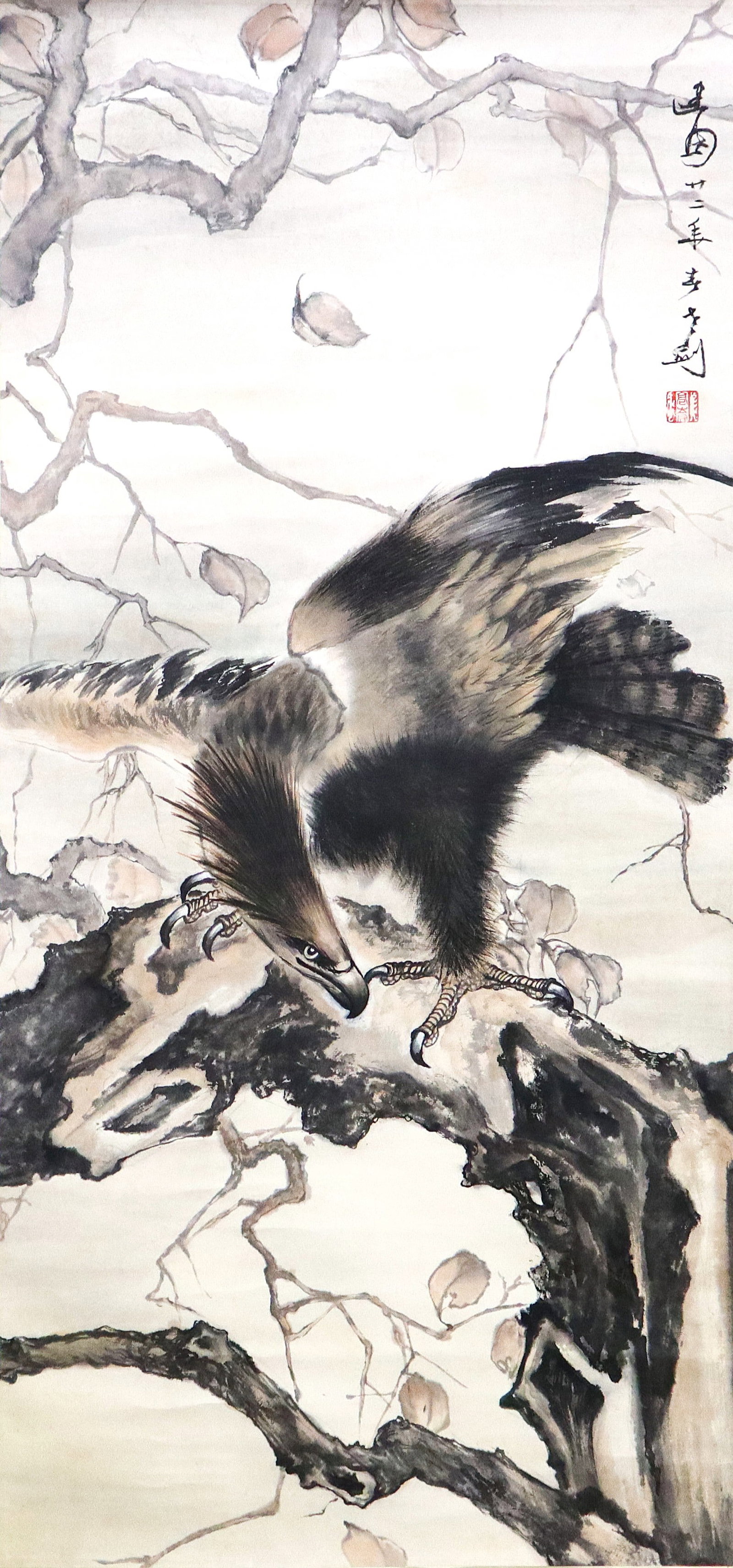 Chinese Scroll, Mark of Gao Qifeng: Mark of Gao Qifeng, Chinese, 1889-1933. An ink and color on paper hanging scroll depicting an eagle perched on a gnarled branch. Calligraphy with artist seal upper right. Some toning, minor foxing, cr