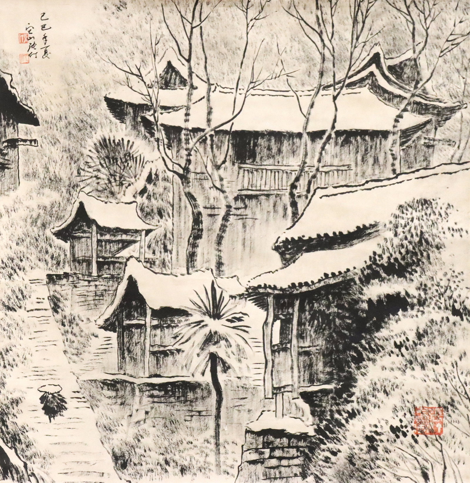 Chinese Scroll, Mark of Zhang Ding: Mark of Zhang Ding, Chinese, 1917-2010. A hanging scroll depicting a mountain village on paper. Calligraphy, artist signature and seals upper left, collector's seal lower right. Paper with some