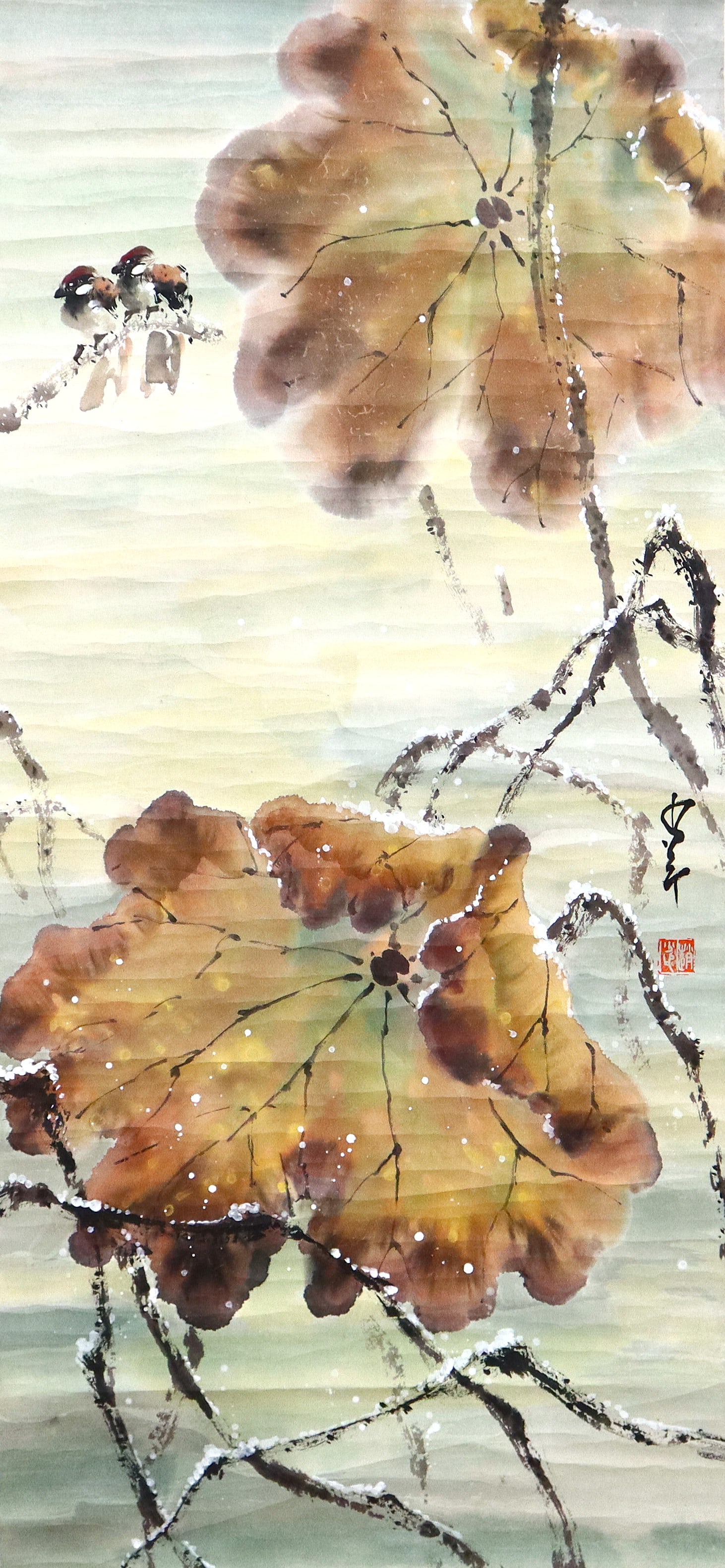 Chinese Hanging Scroll: Mark of Zhao Shao'ang (Chao Shao-an), Chinese, 1905-1998. An ink and color on paper hanging scroll depicting two birds perched in foliage. Calligraphy signature with artist seal mid right. Silk