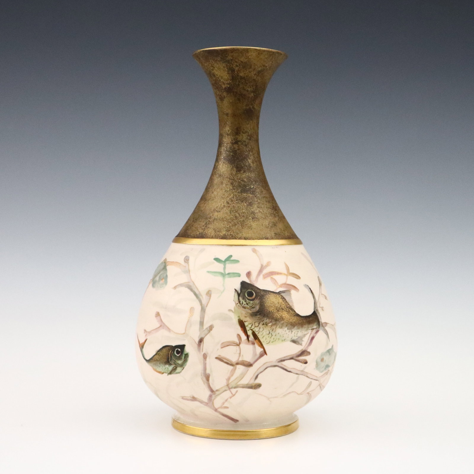 Moore & Co. Porcelain Vase: A late 19th century Moore & Company porcelain vase. Bottle form with multi-color fish decoration and Gilded detail. Printed "Moore & Co." mark. Minor wear, crazing. 11" high. ESTIMATE $200-400