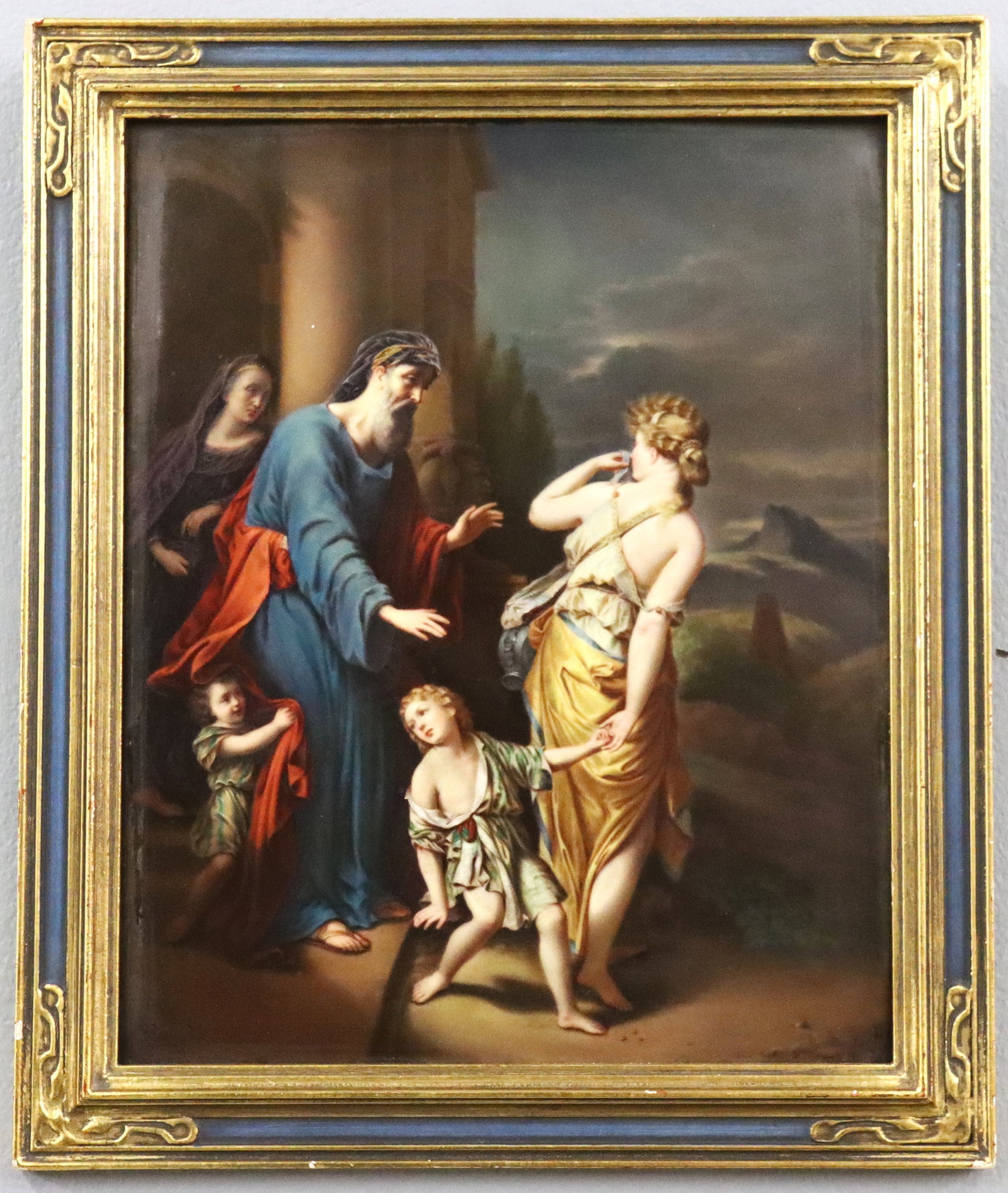 KPM Porcelain Plaque after van der Werff: A turn of the century KPM porcelain plaque after "The Banishment of Hagar and Ishmael" by Adriaen van der Werff. Hand-painted religious scene depicting Abraham casting out his concubine and firstborn 