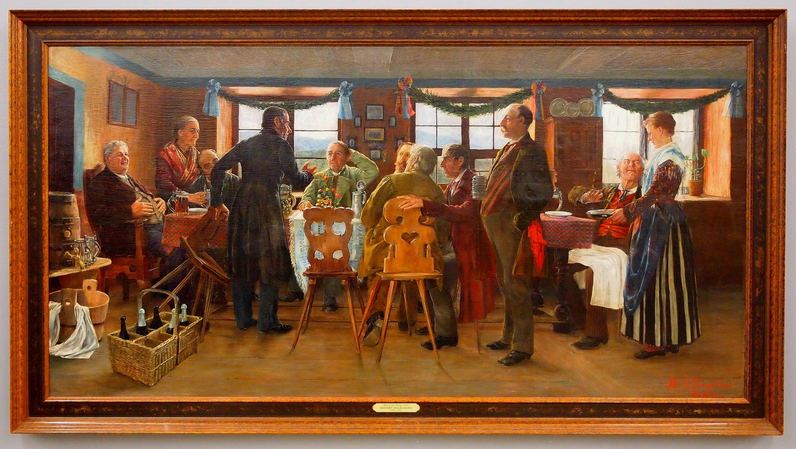 R. Engelhorn Bavarian Genre Scene: Robert Engelhorn, German, 1856-1933. A turn of the century oil on canvas genre scene, entitled "Bavarian Party". Depicts a group of men gathered around a table adorned with a bouquet of flowers and nu