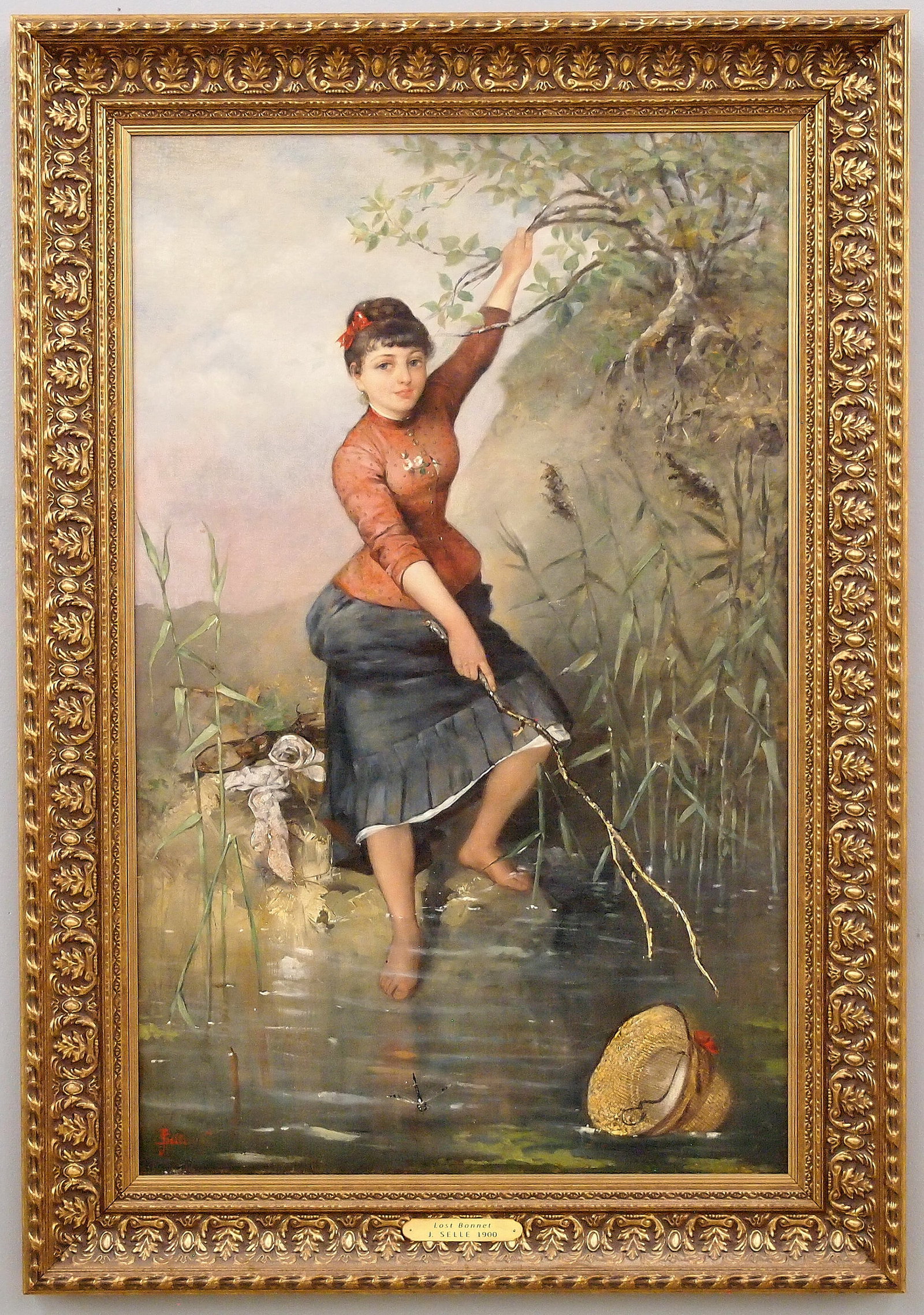 J. Sellenati Genre Scene: Joseph Sellenati, European, 19th/20th century. A 19th century oil on canvas genre scene, entitled "Lost Bonnet". Depicts a young woman holding on to tree branches while attempting to retrieve her bonn