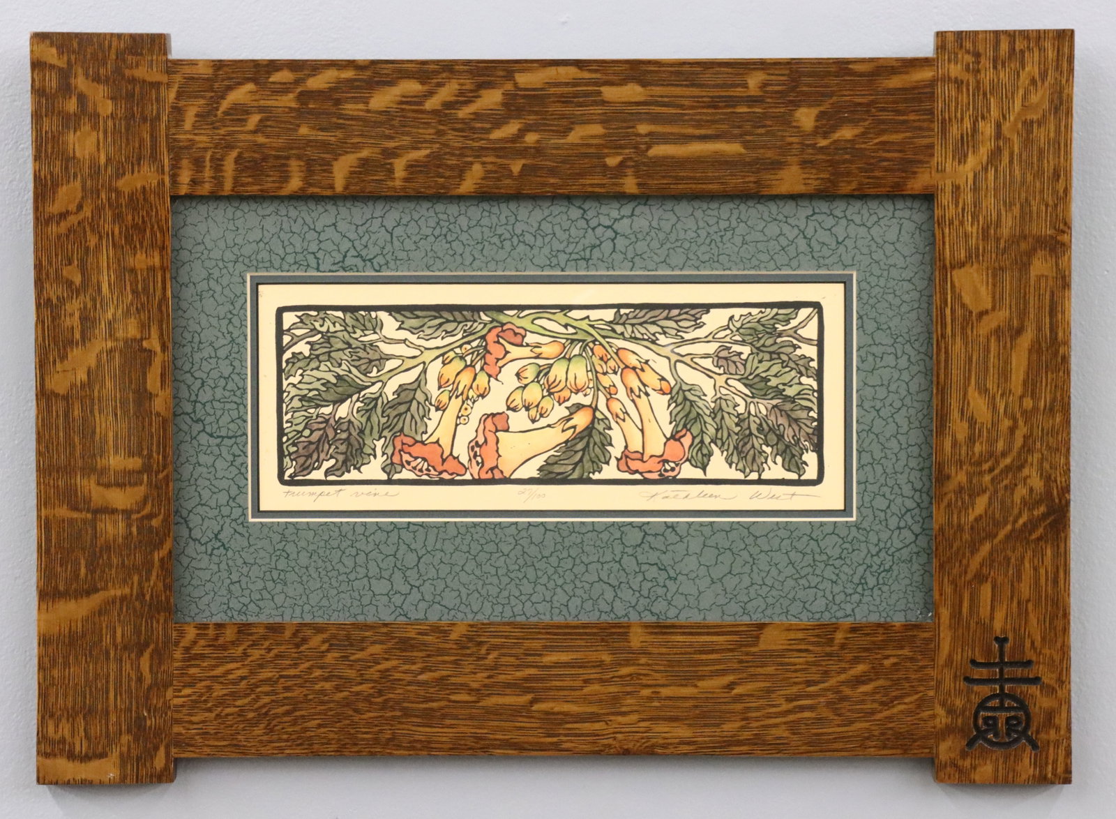 Kathleen West Trumpet Vine Woodcut: Kathleen West, American, 20th/21st century. A late 20th century woodcut on paper, titled "Trumpet Vine". Depicts trumpet flowers in shades of Yellow and Red in the Arts and Crafts manner. Signed "Kath
