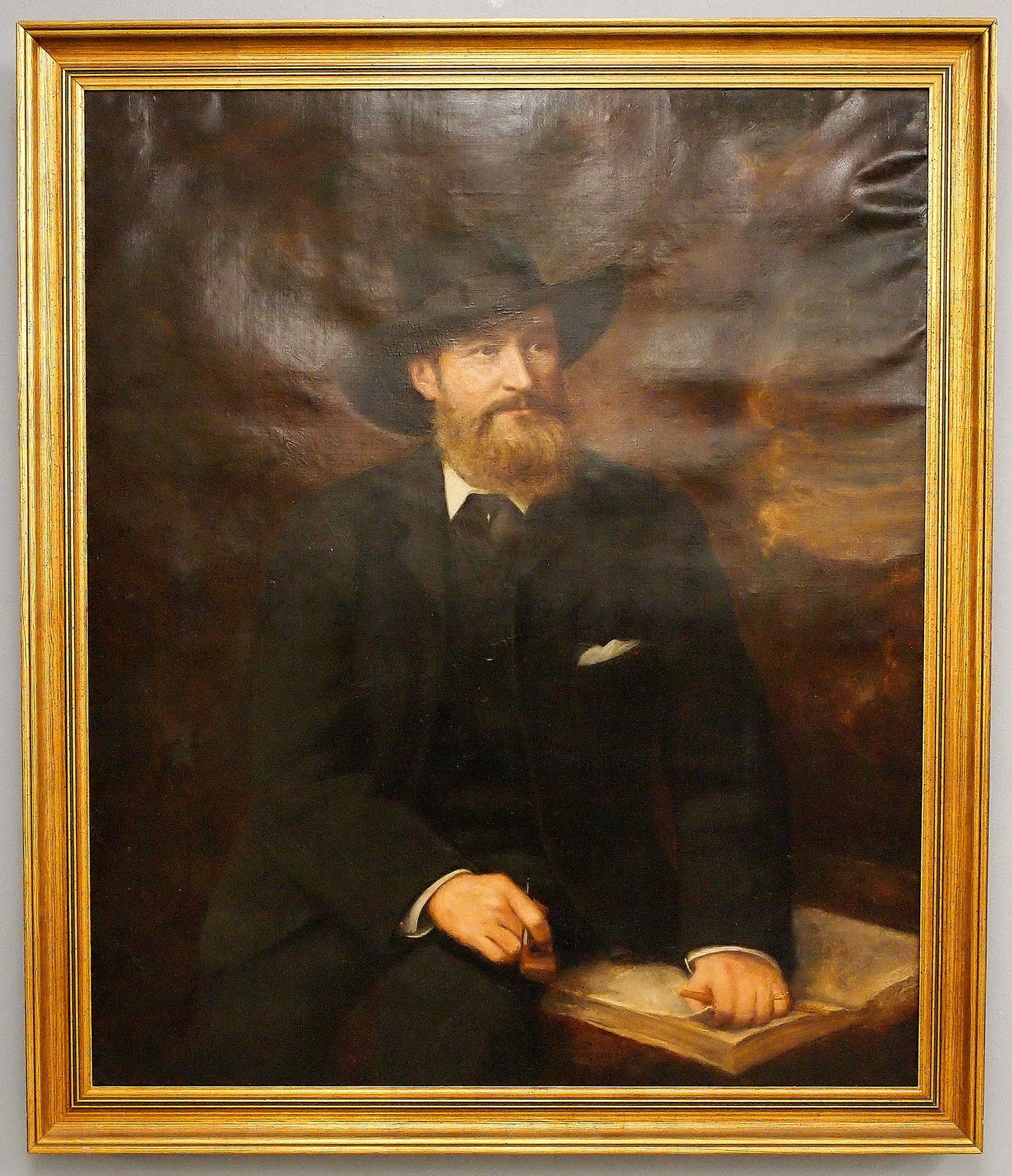 John Horsburgh Portrait of a Gentleman: John Horsburgh (FRSSA), Scottish, 1835-1924. Oil on canvas on board depicting a portrait of a gentleman, who is shown seated, wearing a Black hat and suit, holding a smoking pipe in one hand, with his