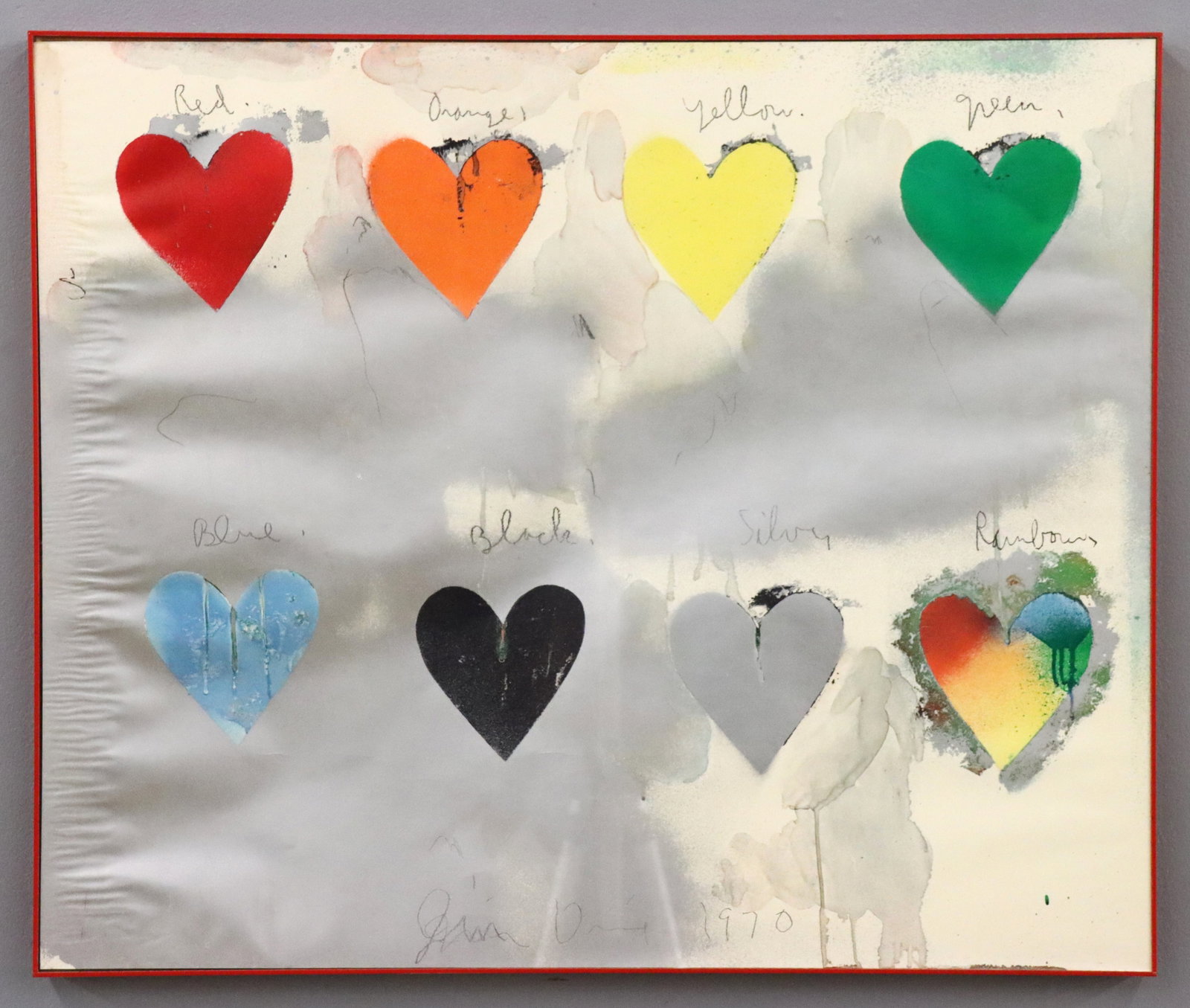 Jim Dine Pop Art Lithograph: Jim Dine, American, 1935. A 1970's Pop Art offset lithograph with screenprint in colors on paper, titled "Eight Hearts". Signed "Jim Dine" and dated "1970" in the matrix lower center. Some water