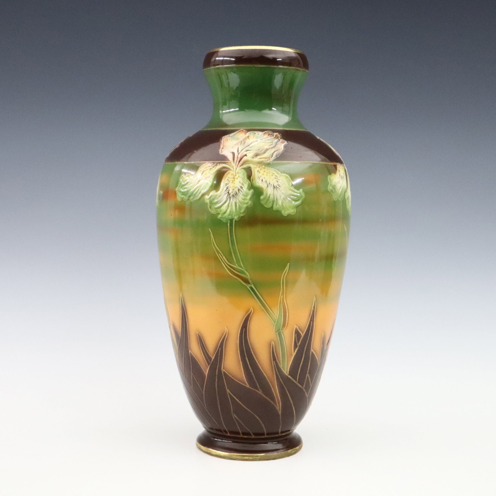 Royal Bonn Art Pottery Vase: A turn of the century Royal Bonn Art Pottery vase. Baluster form with multi-color Iris decoration and Gilded detail. Printed "Royal Bonn / Germany" with impressed and painted marks. Minor wear and cra