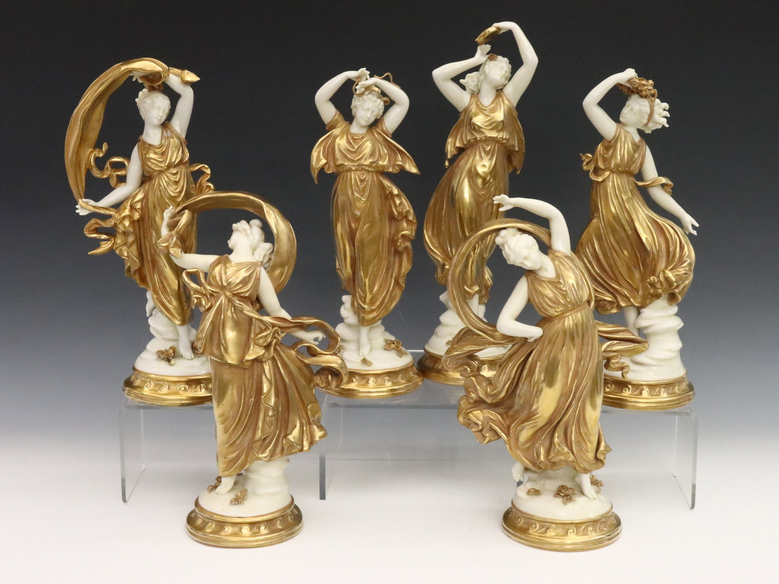 6 Capodimonte Dancing Figures: Six 20th century Capodimonte porcelain dancing figures. Various posed dancers of White porcelain with Gilded accents. Maker's mark in Blue, under glaze. Wear to the Gilding, some chips/losses, minor t