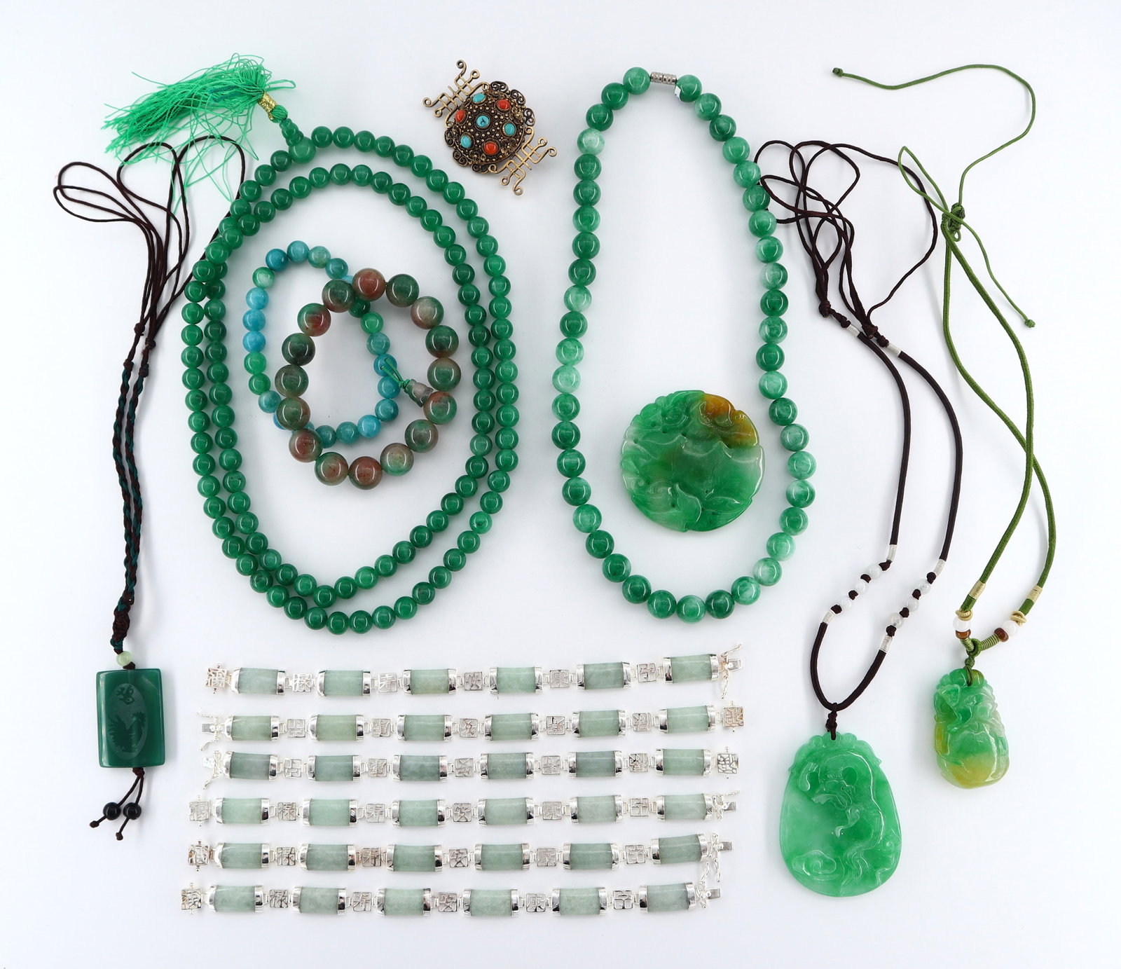 15 pc Chinese Jade & Silver Jewelry (1 of 1)