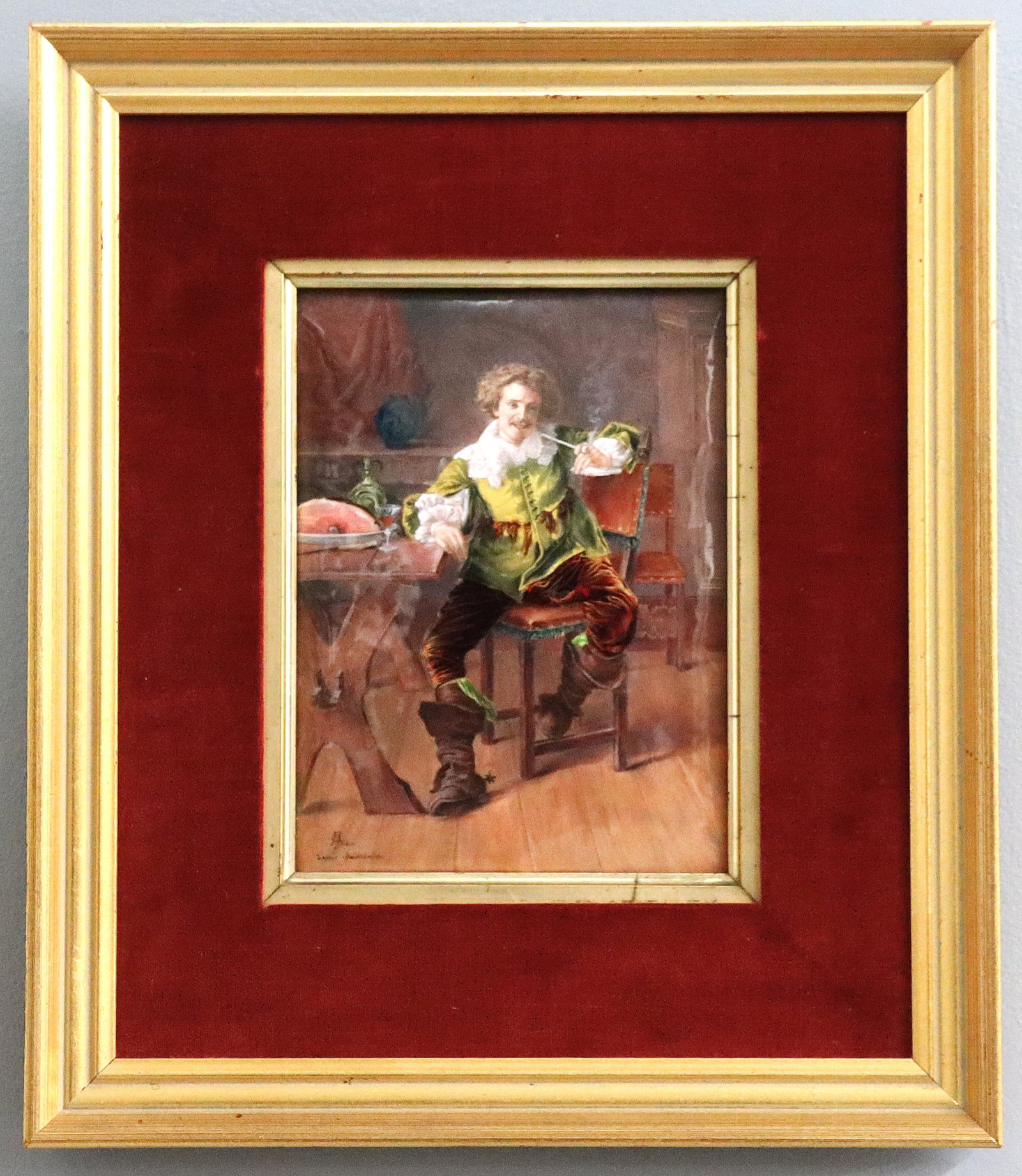 French Enameled Copper Plaque after Meissonier: A turn of the century French enameled copper plaque after Jean-Louis Ernest Meissonier (French, 1815-1891). Hand-enameled depiction of a Cavalier smoking a pipe while seated at a table set with dinner
