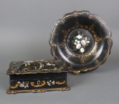 2 Paper Mache items: Two 19th century English Victorian Period Paper Mache items. Includes a box with hinged cover and a serving tray with metal swing handle. Original Lacquer finish with Mother-of-Pearl and Gilded detail