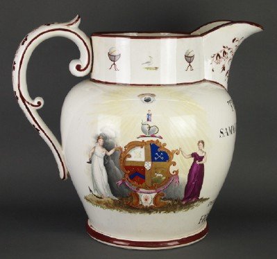 Davenport Odd Fellows jug: A large scale 19th century Davenport earthenware Odd Fellows jug commemorating "The Loyal Samaritans Pride Lodge, Salford, Instituted April 25th, 1834, Host Walker". White body with Masonic emblems an