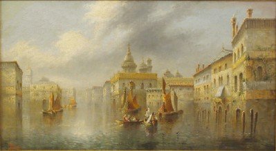 J Salt Venetian scene: James Salt, British, 19th century. An oil on canvas Venetian scene with boats and gondolas along a busy canal. Signed "J Salt" lower left. Minor surface grime, some light craquelure. Image 31 1/4 x 17