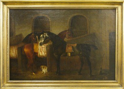 T Weaver horse painting: Thomas Weaver, British, 1774-1845. An early 19th century oil on canvas painting with three horses in a stable. Signed "Weaver Pinx" lower left. Light overall craquelure, lined, black light shows three