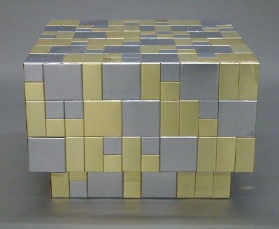 McCobb Style Coffee table: A 1960s Brass and Chrome Patchwork Cube form Coffee table after Paul McCobb. Some wear and denting. 25 1/2" square x 17" high. ESTIMATE $200-400