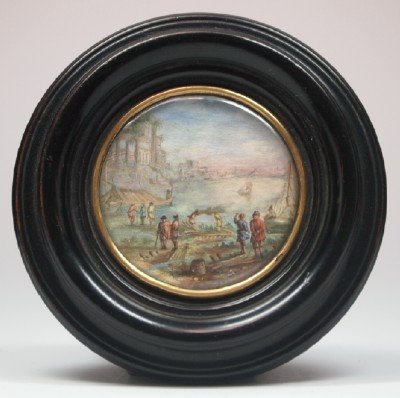 Miniature landscape: An early 19th century miniature landscape. Watercolor on Ivory with several figures in a landscape with mountains in the distance. Unsigned, in a Ebonized wood frame with Brass liner. No damage. 3" di