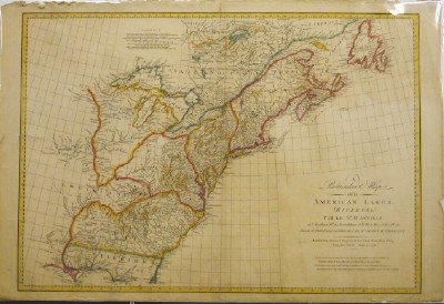 US Map: A 1790 John Harrison (London) Map of the Eastern United States. Hand colored engraving entitled "A Particular Map of the American Lakes, Rivers & c.". Wear and even discoloration, center fold line wit