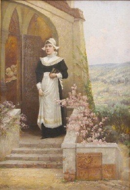 O. Farsky genre scene: Oldrich Farsky, Czech/American, 19th and 20th century (c. 1860-c. 1930). Oil on canvas shows a nun standing outside of a church, with flowering plants in the foreground and a lush, green, rolling land