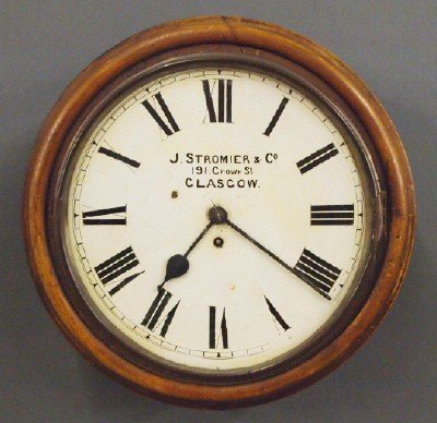 J. Stromier & Co. gallery clock: A late 19th century A. J. Stromier & Co. gallery clock. 8-day time only fusee movement with painted metal dial that reads "J. Stromier & Co. 191 Crown St. Glasgow". Wear to the finish, cracks and loss