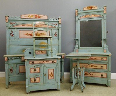 Victorian Cottage bedroom set: A late 19th century five piece American Victorian Period "Cottage" bedroom set with original painted finish and hand painted floral detail. Includes a double bed (58 x 85 x 73" high), a Mirrored dress
