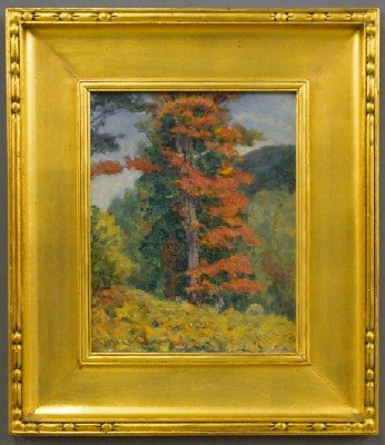 C. E. Kinkead landscape: Charles Edwin Kinkead, American, 20th century. Oil on board entitled "Maples" depicts a close view of a grand maple tree in Autumn. Signed at the lower left, titled on the verso, and contained within 