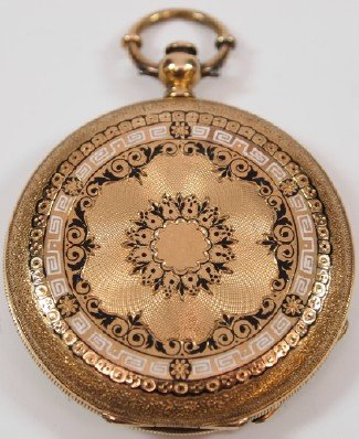 Nardin & Co. pocket watch: A Nardin & Co. Gold Filled and Niello Ladies pocket watch. Two key wind with sunk seconds bit. Gold filled and niello hunter-case pocket watch. Marked "Nardin & Co. Geneve" on the enamel face and on t