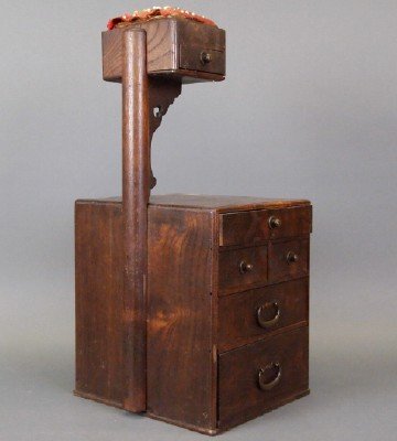 Japanese Haribako: A Japanese Haribako (sewing box). Probably made from Keyaki and Kiri wood. Six drawers in total. Stamped with Japanese characters at the underside. Lacking the very top cover. Some wear to the wood an