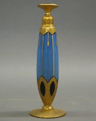 DeVilbiss Perfume Bottle: An Art Deco Era DeVilbiss Perfume Bottle. Ornate Bohemian opaque blue and embossed fired gold glass perfume bottle with circular stopper and dauber. Acid etched mark at the underside. Some flaking to