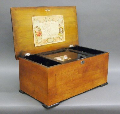 Swiss Music Box: A 19th Century Swiss Music Box. Having an Inlaid walnut and ebony case, a single cylinder with Ten airs, and Three bells and Butterfly strikes. No apparent markings. Some wear noted. 19" long x 10 3/4