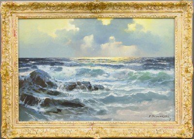 Alexander Dzigurski Seascape: Alexander Dzigurski, Austro-Hungarian/American, 1911-1995. Oil on canvas portrays a Seascape at either dawn or dusk. Signed at the lower right. A faded artist's biography is adhered to the lower stret