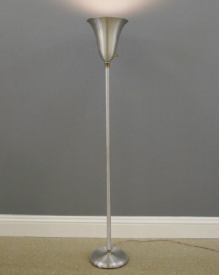 Russel Wright Floor Lamp: An American Mid-Century Modern Floor Lamp Designed & Produced by Russel Wright. Spun aluminum and brass floor lamp with Lucite switch, "913" is cast in the iron base. The piece has been rewired and sh