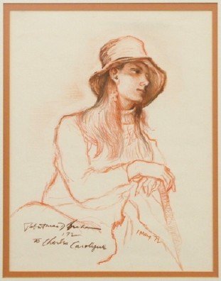 Robert Brackman Drawing: Robert Brackman, American, 1898-1980. A conte crayon drawing portraying a seated young woman, gazing off into the distance. Inscribed "Robert D. Brackman '72 To Charles Carolyne 1 May '72" at the lowe