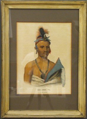 McKenney & Hall Native American Portrait: Portrait from McKenney and Hall's "History of the Indian Tribes of North America". Lithograph depicts "Kee.Shes.Wa, a Fox Chief" in portrait style, at half length. Published by F.W. Greenough, Philade
